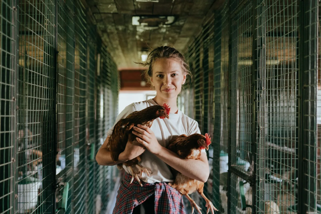 A farmer holding hens